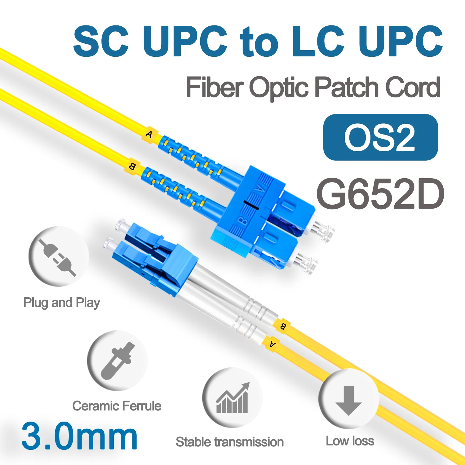 SC to LC UPC Fiber Optical Patch Jumper 3.0mm OS2 Cable Cord Singlemode Duplex 1m 3m 5m PVC G652D SM 1310/1550nm FTTH