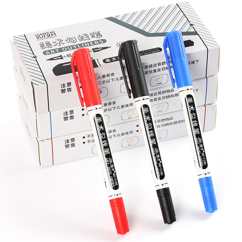 Double-headed Line Pen Waterproof Marker Pen Drawing Hook Pen Wear-resistant Fiber Pen Black Blue Red Ink Pen Art Office Station