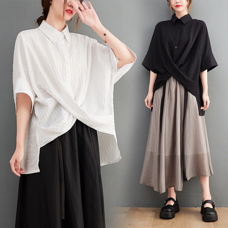 Asymmetrical Solid Women Shirts Summer Vintage 2023 Loose Batwing Sleeved Casual Female Outwear Coats Tops