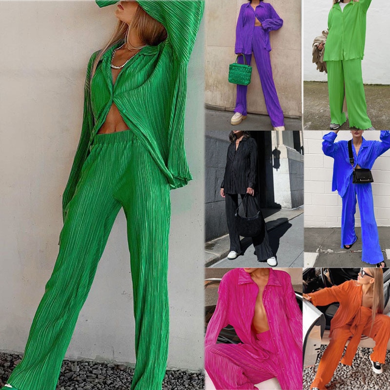 European style Women's Set Long Sleeve Shirt Tops and Wide Leg Pants Elegant Tracksuit Two Piece Set Sweatsuit Fitness Outf