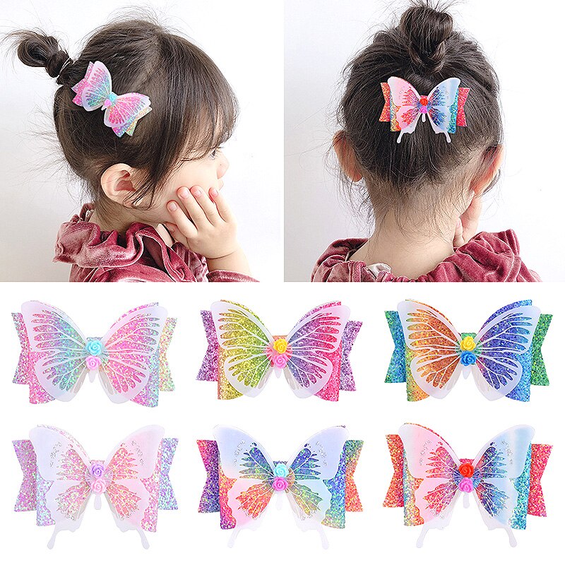 Children Fashion Rainbow Glitter Sequins Butterfly Hairpins Handmade Girls Mini Princess Kids Barrettes Clips Hair Accessories