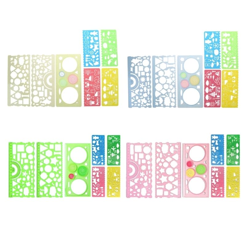 7 Pieces Clear Colored Plastic Drawings Templates Measuring Templates Geometric Rulers for School and Office Supplies