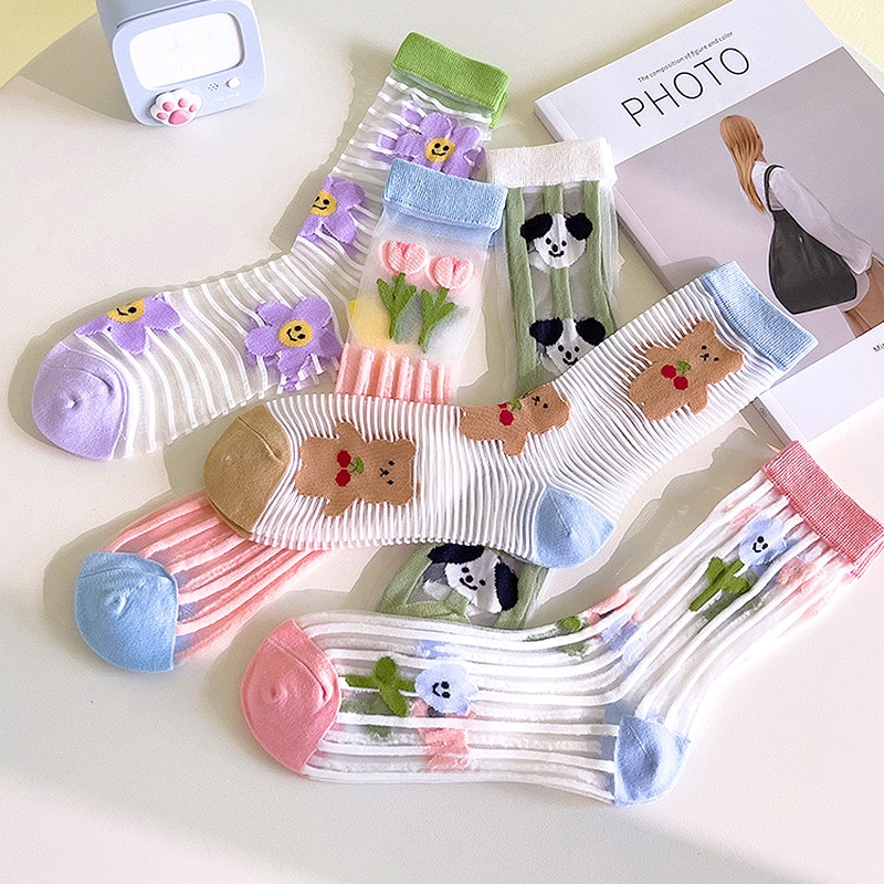 Transparent Crystal Silk Socks Japanese Cartoon Animals Sweet Girls Cute Sock Harajuku Summer Lace Ultra-thin Long Socks