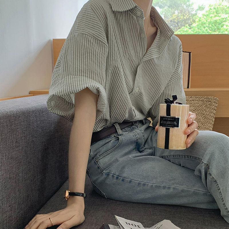 Deeptown Elegant and Youth Woman Blouses Striped Green Shirts Short Sleeve Korean Fashion Chic Office Female Tops Summer Basic