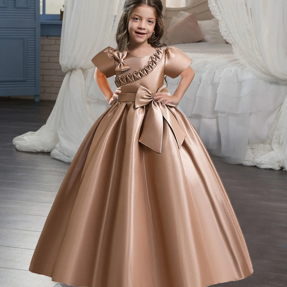Girls Flower Short Sleeve Dresses For Weddings Kids Formal Birthday Party Princess Clothes Children Evening Satin Bow Vestidos