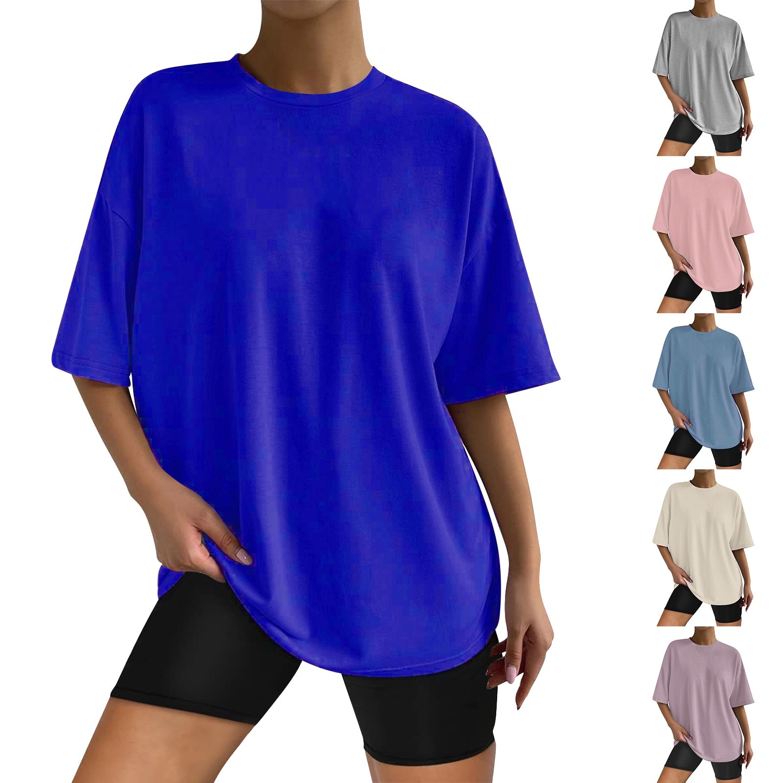 Plus Size Solid Color Loose T Shirts Summer Loose O Neck Short Sleeve Ladies Pullovers Women Fitness Running Top Casual Pullover