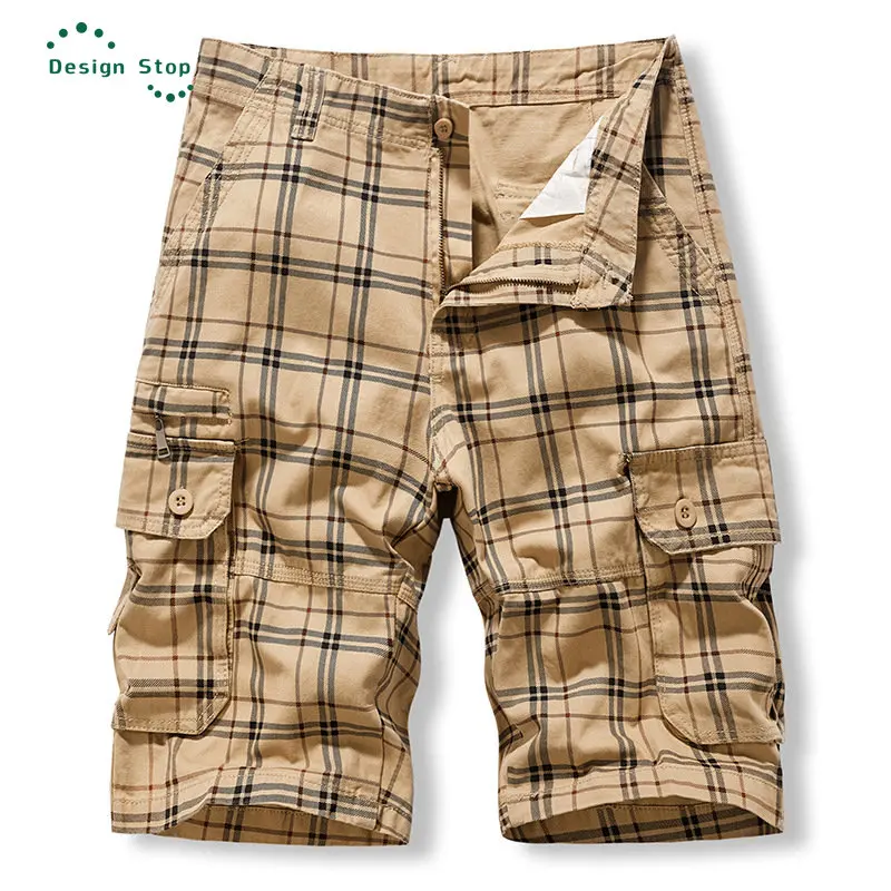 Summer Fashion Men's Cargo Shorts Plaid Cotton Six-length Casual Multiple Pockets Shorts Pants