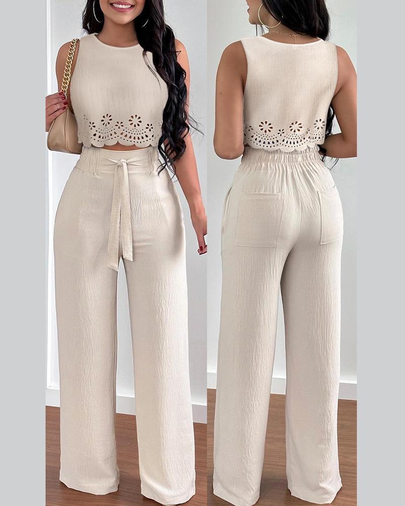 Hollow Out Scallop Trim Tank Top & High Waist Pants Set Women Spring Summer Sleeveless Camis Tanks Tops Loose Pants Solid Co