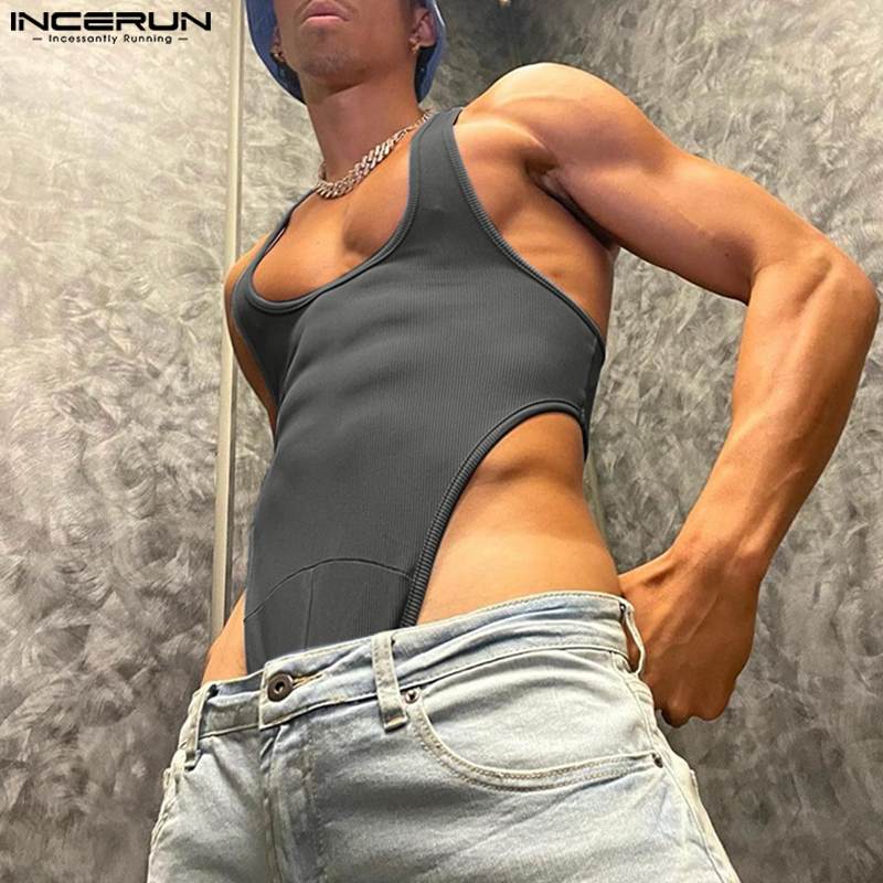 Casual Fashion Style Rompers INCERUN New Men Loungewear Low Neck Knitted Bodysuits Casual Solid Comfortable Male Jumpsuits S-5XL