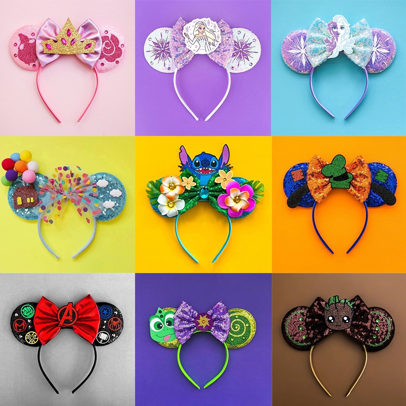 Disney Mickey Minnie Ear Headband Sequin Bows Girl Halloween Party Band Cosplay Elsa Aurora Hair Accessories Kids & Adult