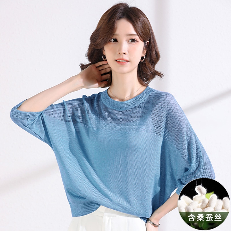 Women's Mulberry Silk Loose Tops 2023 Summer Batwing Sleeve Thin Knitwear Ladies Hollow Out Soft Knit Tee Shirt