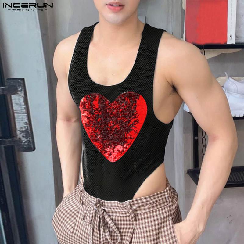 INCERUN Men Bodysuits Patchwork Sexy Shiny Sequins O-neck Sleeveless Male Rompers Tank Tops 2023 Summer Fashion Bodysuits S-5XL