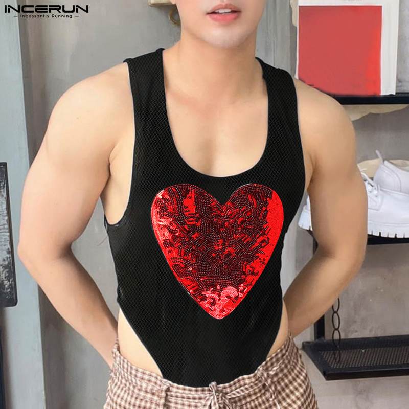INCERUN Men Bodysuits Patchwork Sparkling Sequins O-neck Sleeveless Male Rompers Tank Tops 2023 Sexy Fashion Bodysuits S-5XL