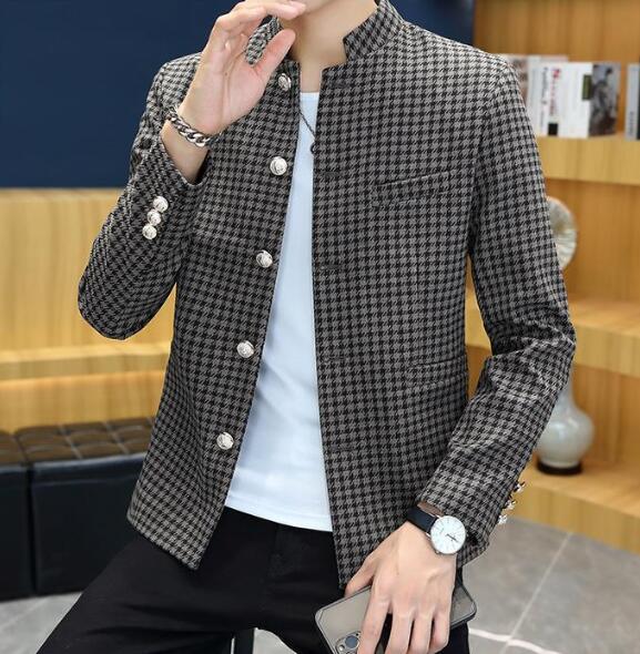New Style Men's Blazer Plaid Pattern Stand Collar Business Lapel Long Sleeve Slim Cotton Blend Blazers Suits ABB72