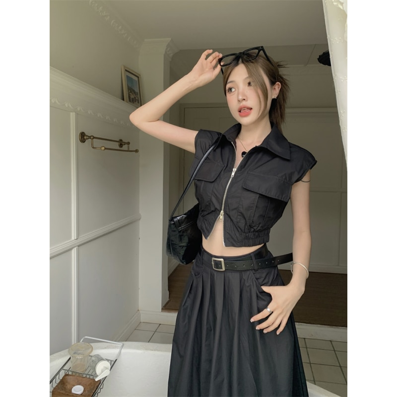 Black Skirt Womens T-shirt Two Piece Set Solid Fashion High Street Y2K 2023 NEW Summer Female Temperament Elegant Long Dress