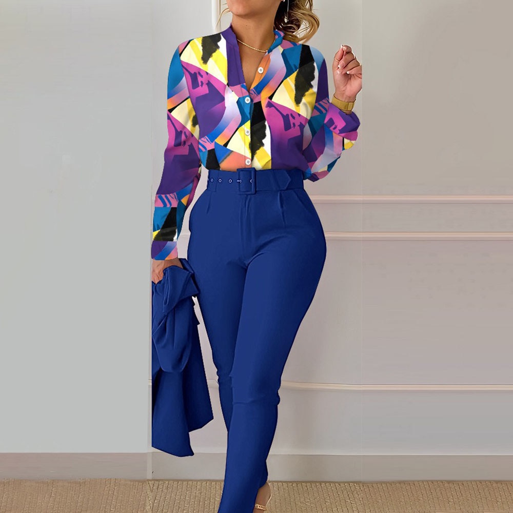 2023 Summer Women Floral Print Shirt & High Waist Pants Work Suit Sets Female V-Neck Long Sleeve Top 2 Pieces Suit Sets Casu
