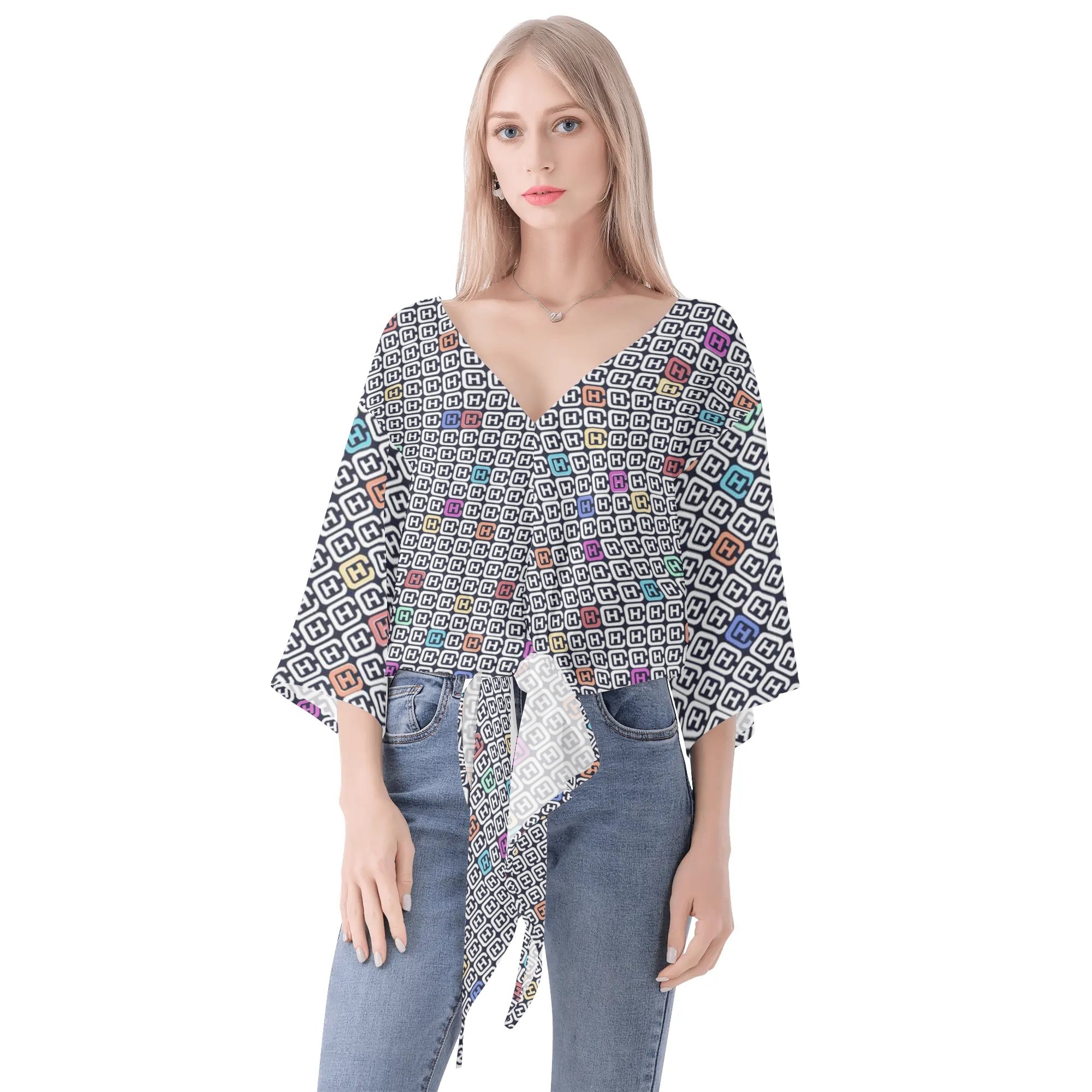 New Women's Blouse V Neck Casual Shirt Summer Soft Print Streetwear Ladies Loose Shirts Bat Sleeve Fashion Bow Office Cloth