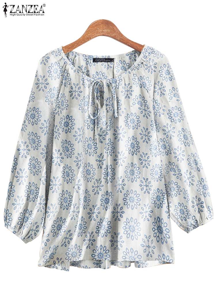 ZANZEA 2023 Summer Vintage Kaftan Shirts Women 3/4 Sleeve Blouses Floral Printed Lace-Up Round Neck Casual Loose Tops Oversized