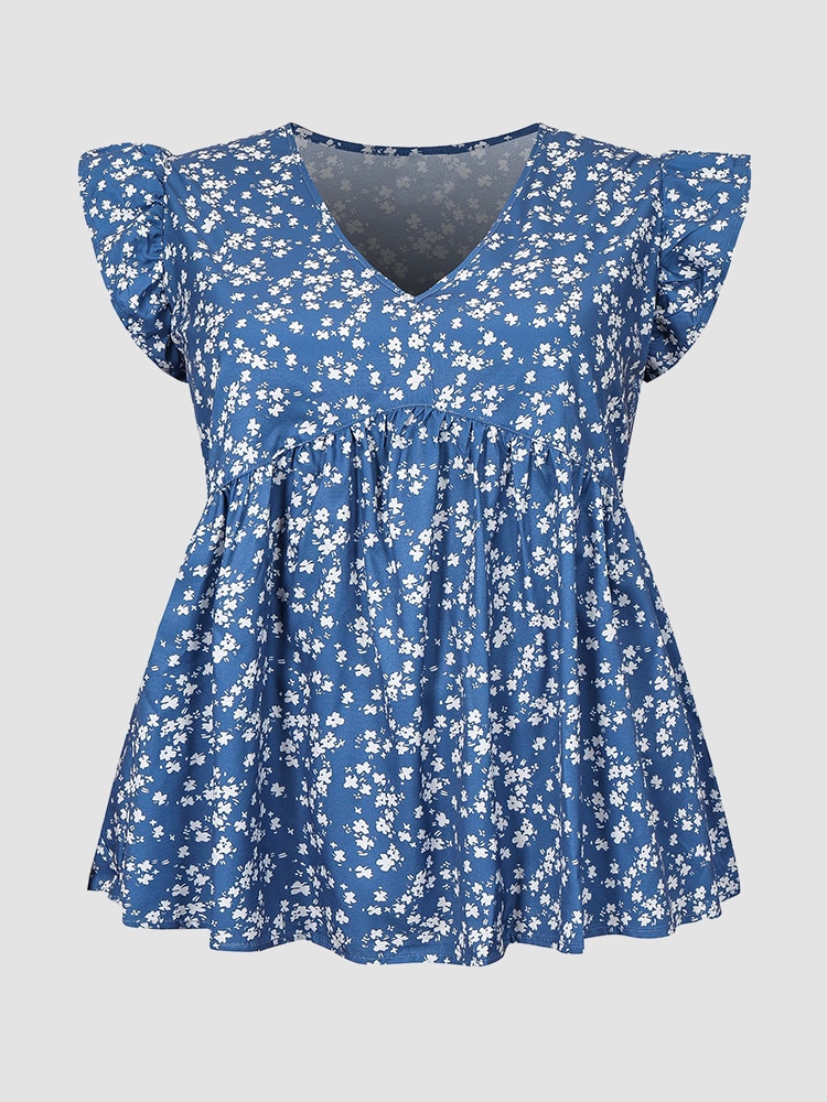 Finjani Ditsy Floral V-Neck Peplum Blouse Plus Size Women Casual Temperament T-shirt Puff Sleeve Summer Short Sleeve