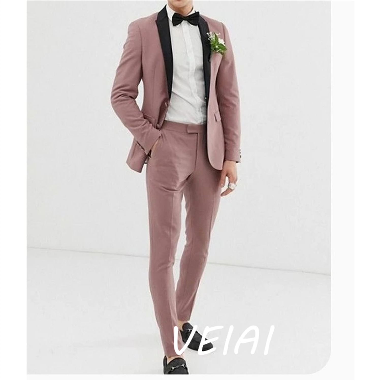 Dusty Pink Black Shawl Lapel Men Suits Prom Terno Masculino Groom Costume Homme Blazer Wedding 2 Pieces