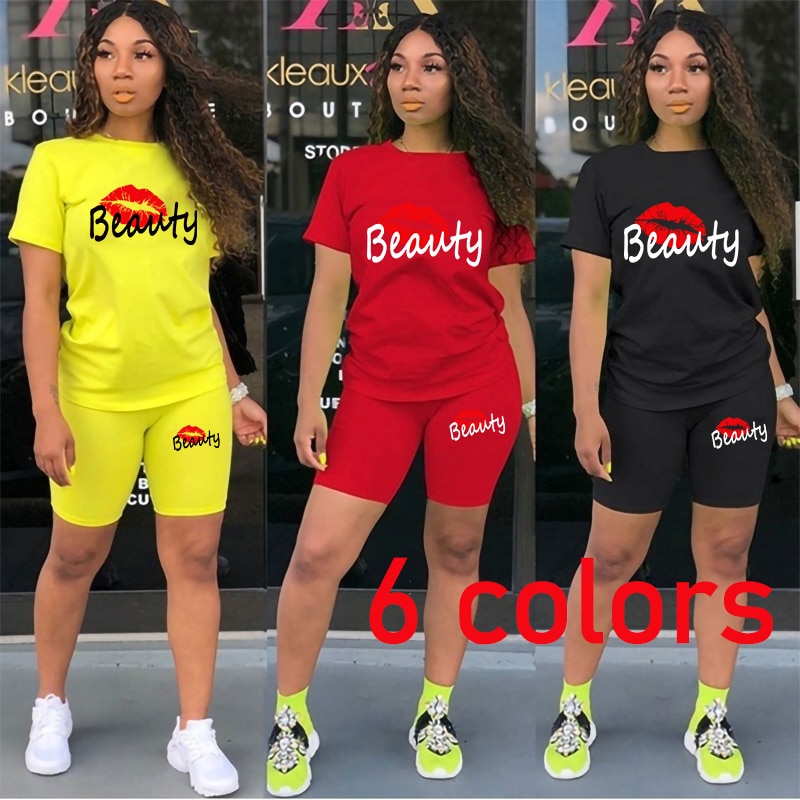 Womens Fashion Short Sleeve T-shirt and Tight-fitting Shorts 2pc Set Tracksuit Ladies Sports Jogging Suits Outfit