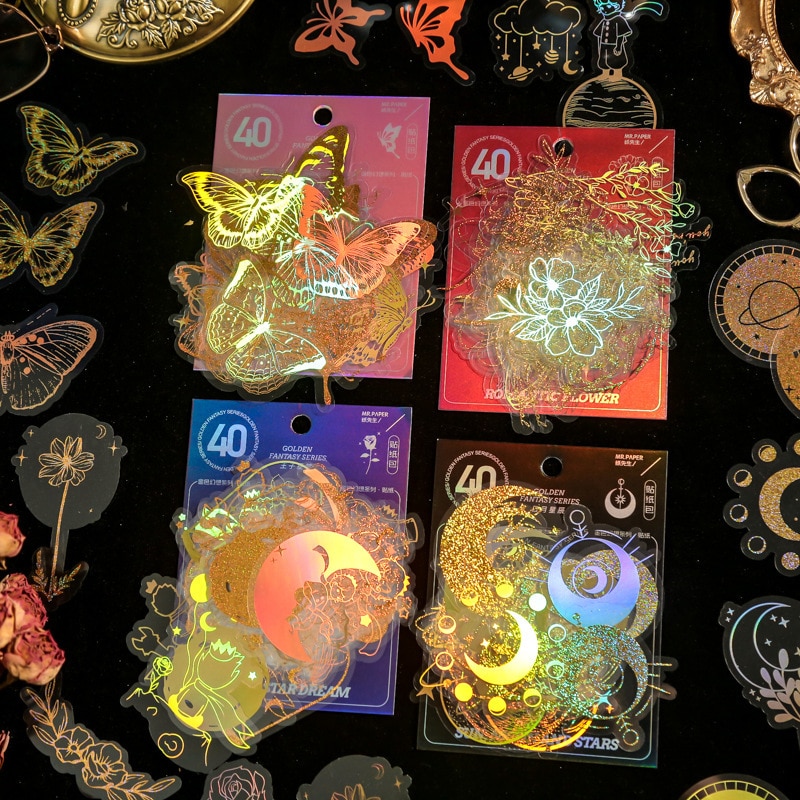MOHAMM 40pcs Waterproof Stickers Transparent Golden Fantasy High-End Aesthetic DIY Decals for Journaling and Scrapbooking
