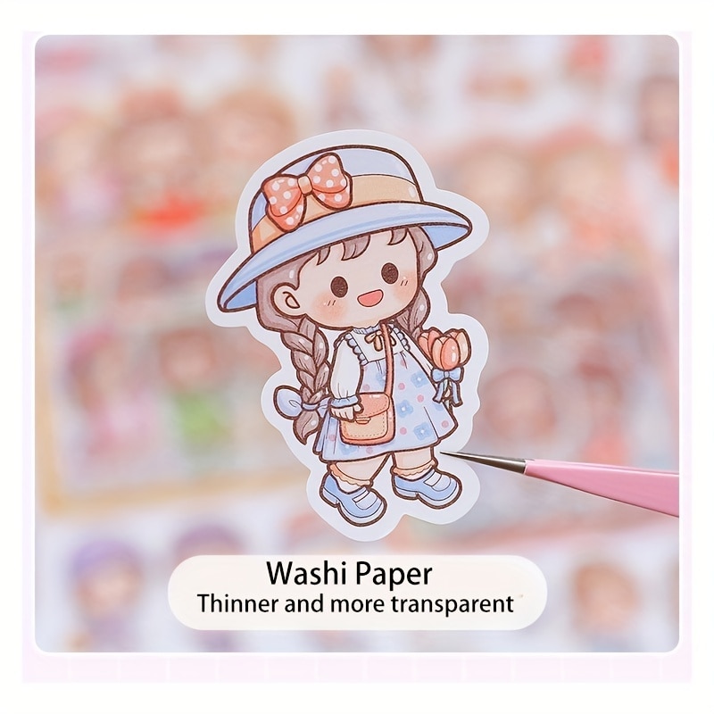 MOHAMM 40 Sheets Cute Cartoon Girl PET Washi Paper Stickers for Scrapbooking DIY Decorative Material Collage Journaling