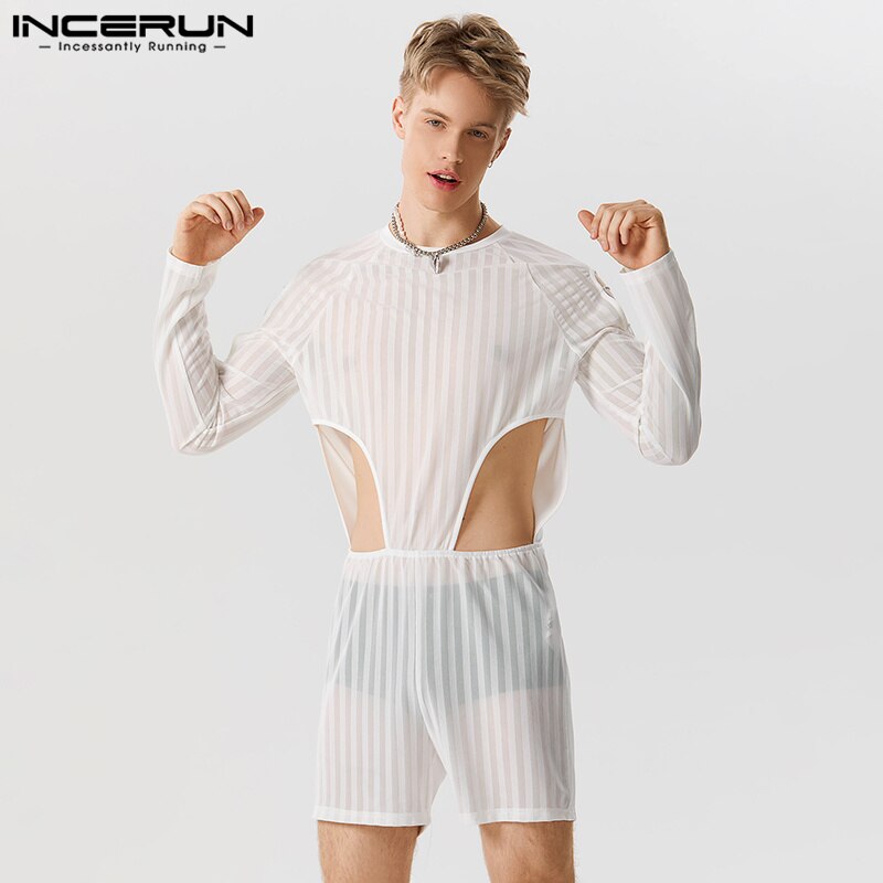 INCERUN 2023 New Men's Homewear Rompers Hollow Sexy Stripe Loungewear Bodysuit Sexy Comfortable Thin Long Sleeve Jumpsuits 