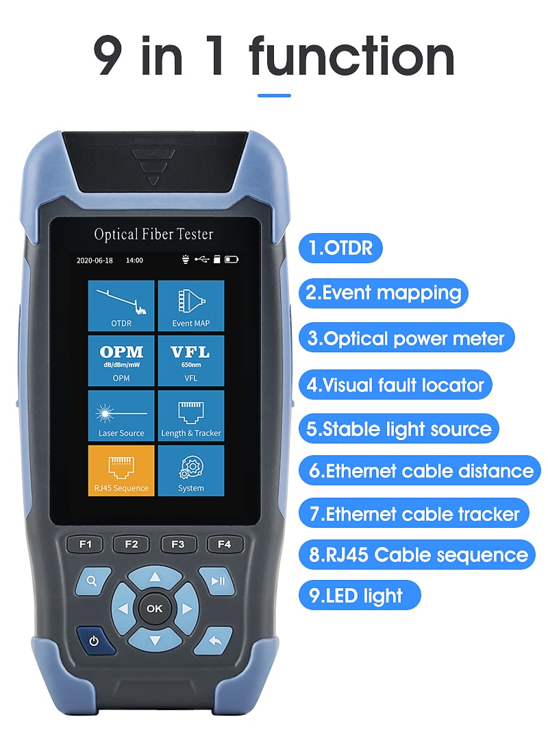 OTDR Fiber Optic Reflectometer with 9 Functions VFL OLS OPM Event Map 22/24dB for 64km FTTH Cable Ethernet Tester
