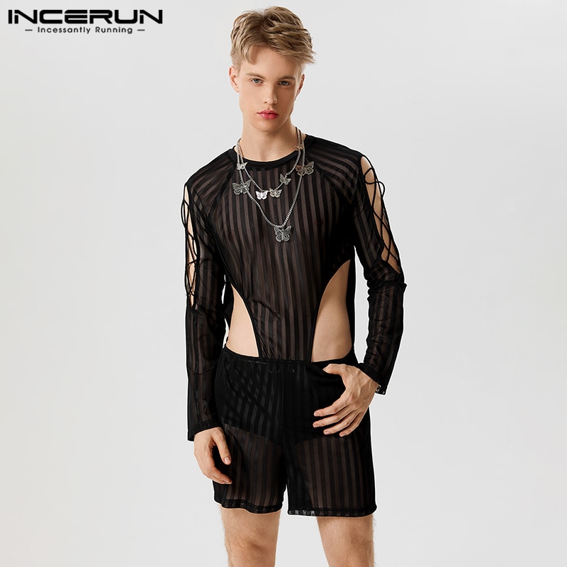 Casual Fashion Style Rompers INCERUN Men's Homewear Hollow Sexy Stripe Bodysuit Sexy Solid Thin Long Sleeve Jumpsuits S-5XL