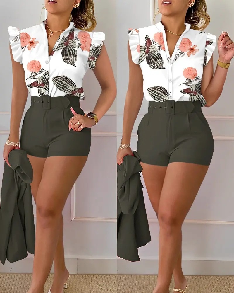 Womens Two Piece Sets Outfit Geometric Print Flutter Sleeve Top & Pants Set With Belt New Fashion 2023 Summer Casua Suit