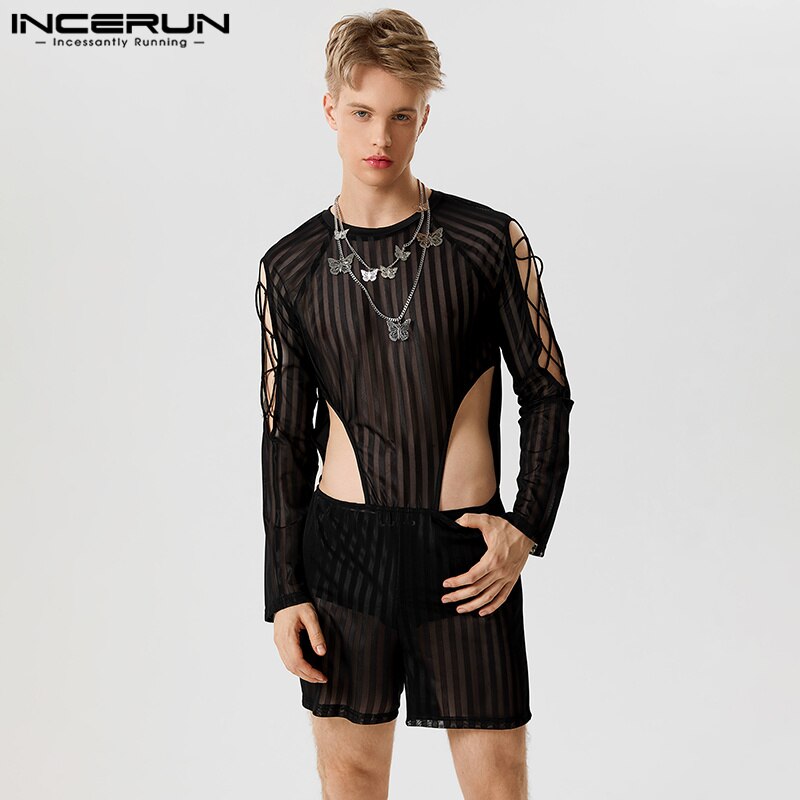 INCERUN 2023 Men Rompers Striped Mesh Transparent O-neck Long Sleeve Hollow Out Male Bodysuits Streetwear Sexy Jumpsuits S-5XL