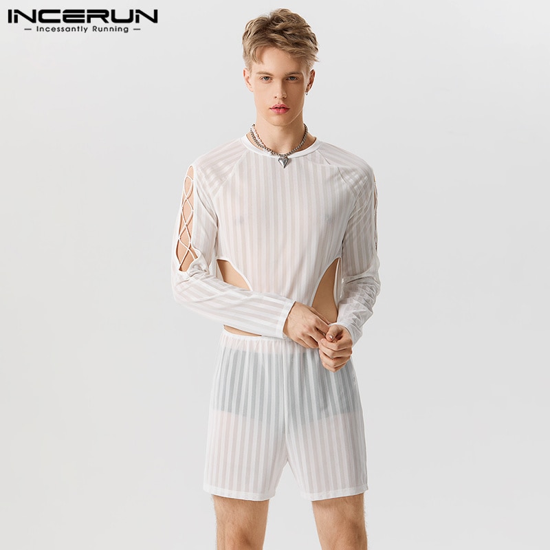 2023 Men Rompers Striped Mesh Transparent O-neck Long Sleeve Hollow Out Bodysuits Men Streetwear Sexy Jumpsuits S-5XL INCERUN