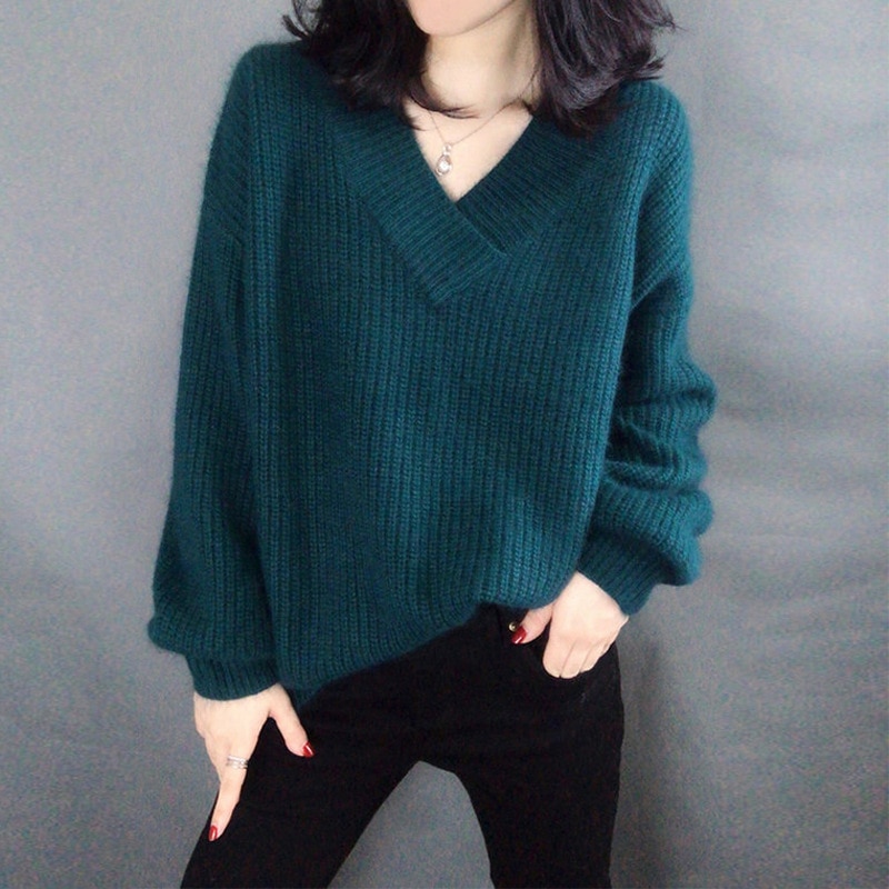 Women Lantern Sleeve Retro Loose Casual Elastic Pullover Winter V-neck Knit Sweater Solid Sweater Fashion Autumn New Jumper Pop