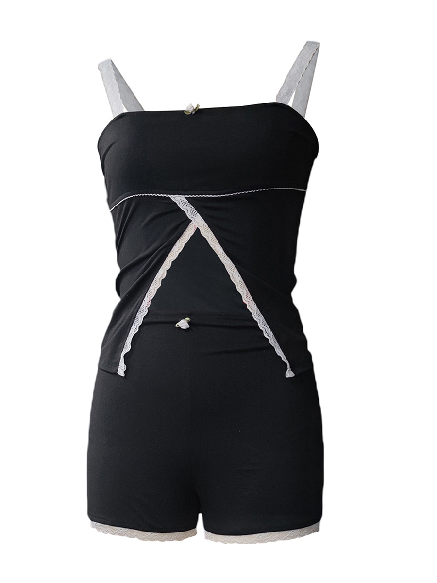 Women Shorts Set Lace Patchwork Slit Camisole Tops with Elastic Waist Shorts Pants Female Summer 2pcs Outfit Streetwear y2k