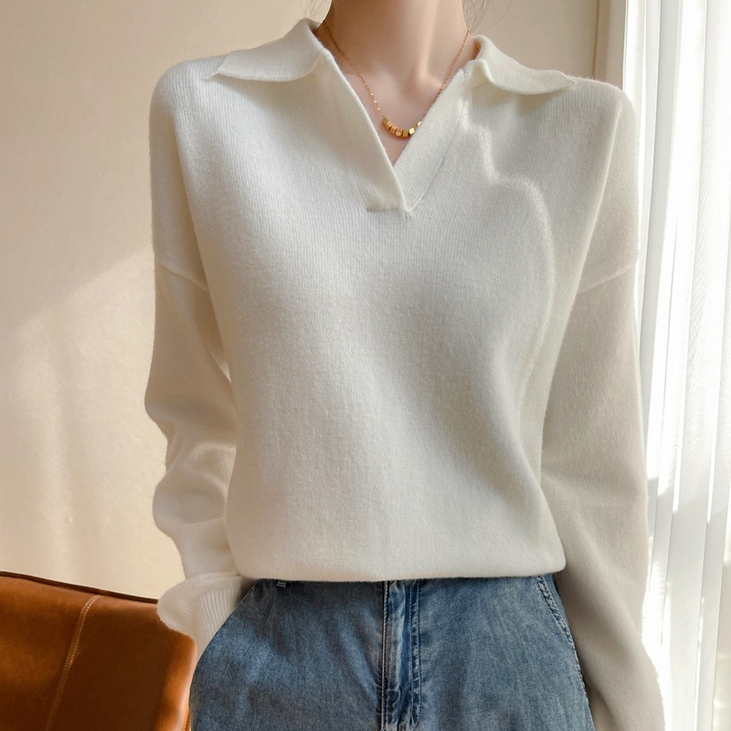 Knit Sweater 2023 New Wool Knitwears Women Clothing Spring V-neck Lapel White Sweaters Warm Pullovers Woolen Vintage Jumper Tops