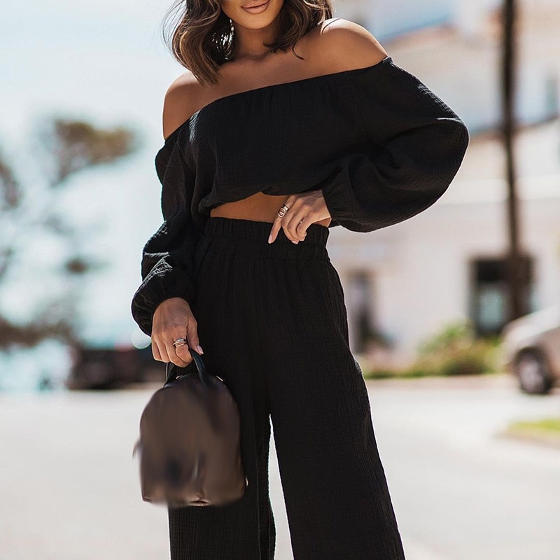 Sexy Off Shoulder Long Sleeve Top and Straight Trousers Women Suits Fashion High Street Solid Two Piece Set Summer Casual Outfit