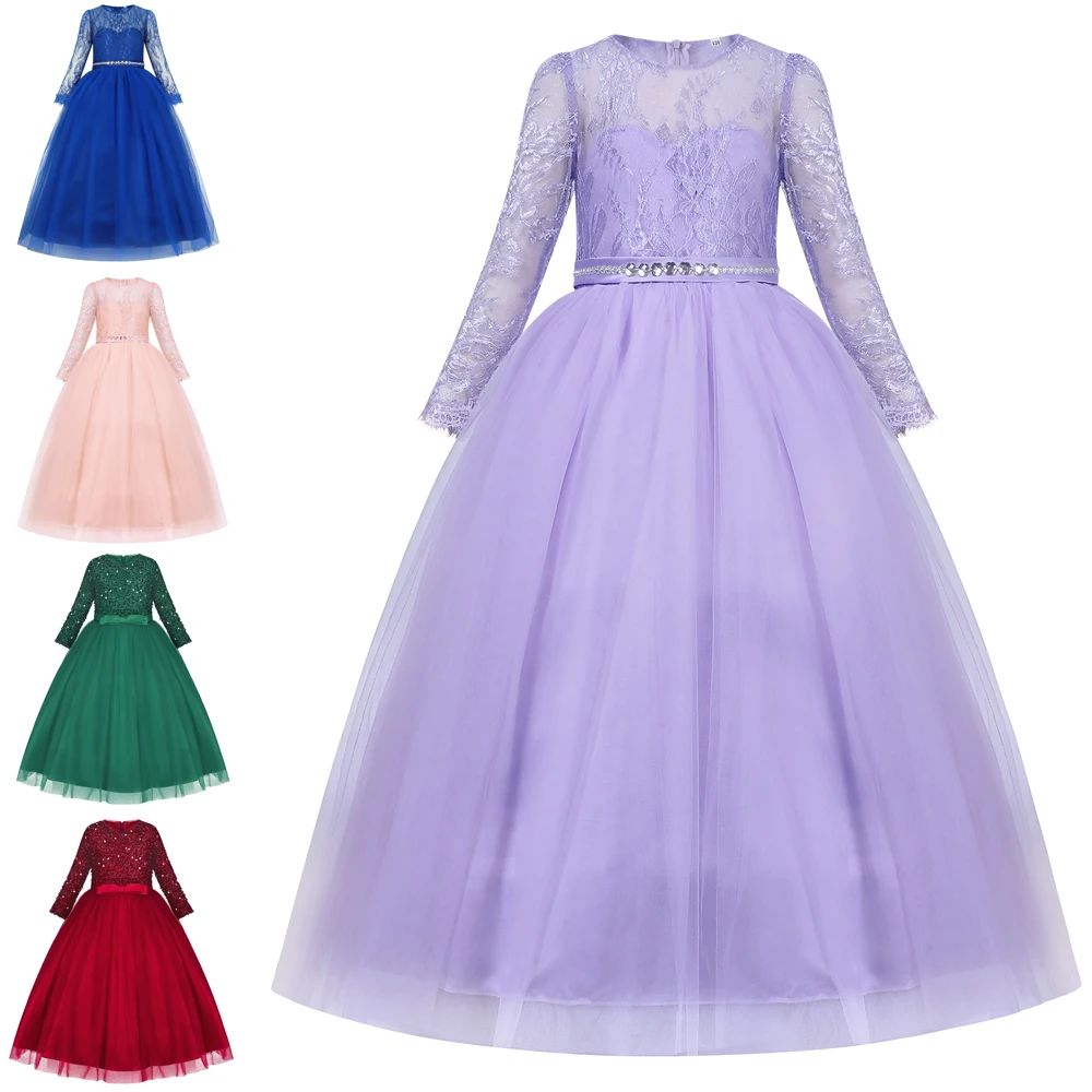 Jurebecia Flower Girls Dress Wedding Pageant Party Ball Gown Long Lace Bridesmaid Dress Kids Tulle Princess Dresses