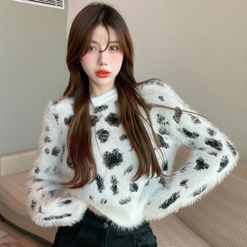 Women Leopard Print Sweaters 's Sweaters Knitted Mink Velvet Black And White Color Contrast Mink down round Neck