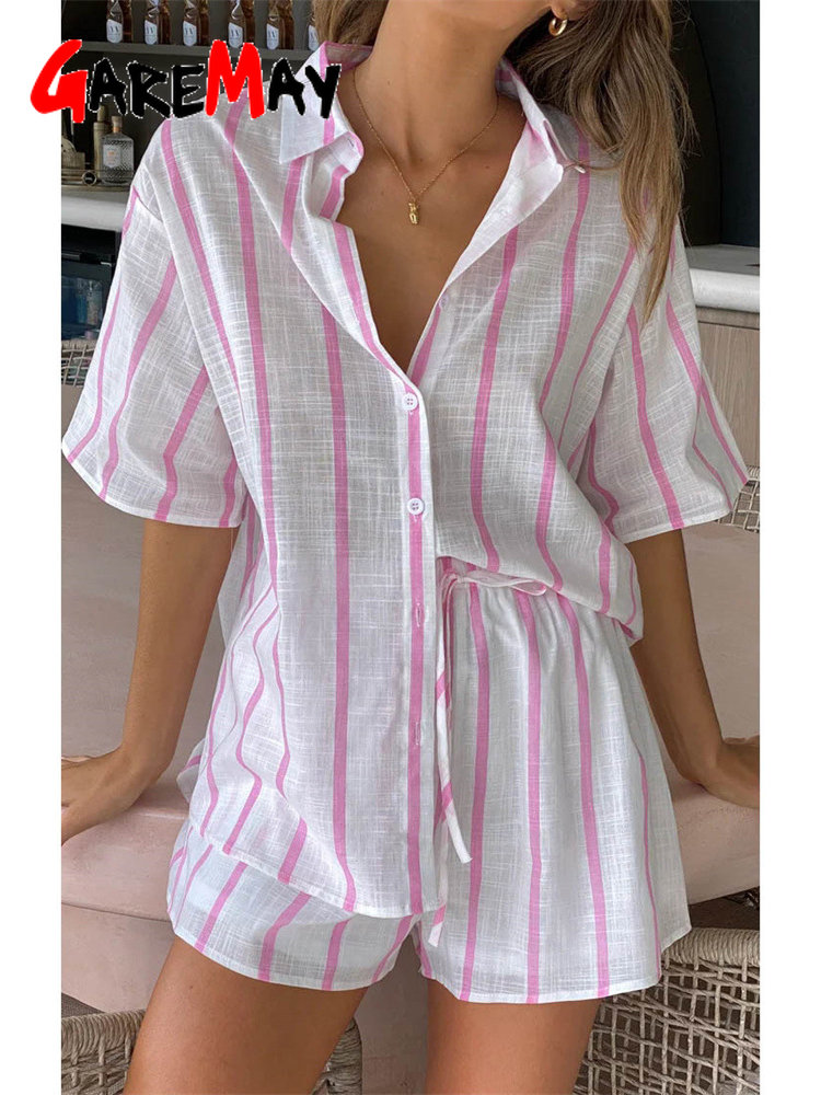 Summer Women's Shirt and Shorts Beach Two-piece Set Loose Casual Elegant Home Print Striped Suit for Women Outfit 2023