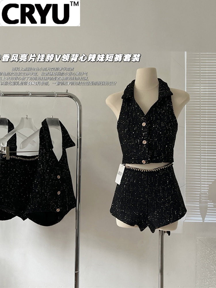 2023 Summer Women Sexy Gyaru Coquette Outfits 2 Piece Set Sleeveless Vest Crop Tops + Sequin Shorts Party Streetwear New Luxury