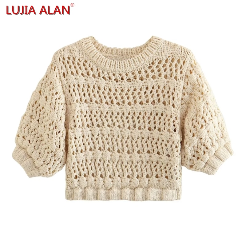 Summer New Women's Sexy Backless Knitted Sweater Female Short Sleeve Pullover Casual Loose Crop Tops LUJIA ALAN SW2360