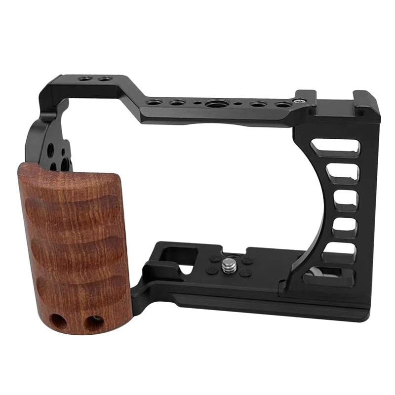 Camera Cage For Sony A7C Camera With Wooden Handle Protection Frame With Cold Shoe