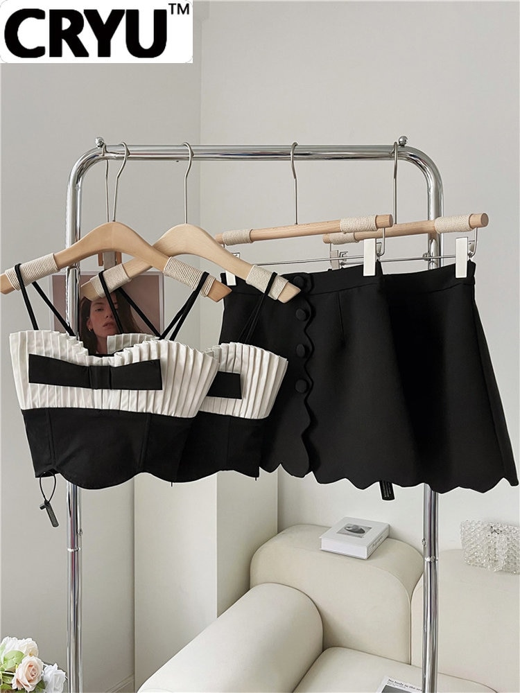 Women Vintage Cozy Soft 2 Pieces Outfit Contrast Color Pleated Bow Design Crop Suspender Tops+High Waist Irregular Mini Skirts
