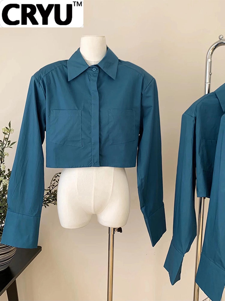 2022 Women Autumn Summer New Turn-down Collar Solid Color Crop Blouses Baggy Long Sleeve Design Vintage Short Female Shirt Cozy