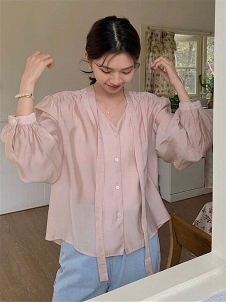 Solid Simple V-Neck Lace Up Tops Rayon Thin Breathable Sunscreen Shirt Summer Women's Elegant Sweet Loose Coat Plus Size Sh