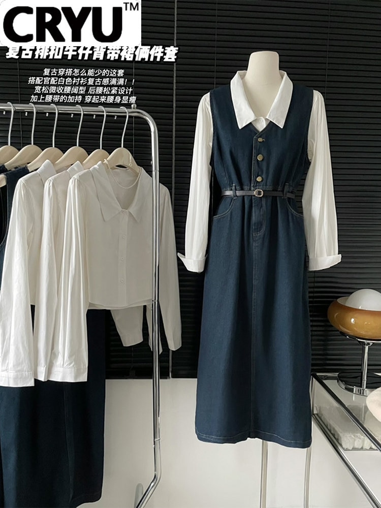 2023 Women Spring Outfits Vintage Long Sleeve Shirt Single-breasted Denim Dress With Belt Two Piece Sets Elegant Mori Girl Maxi