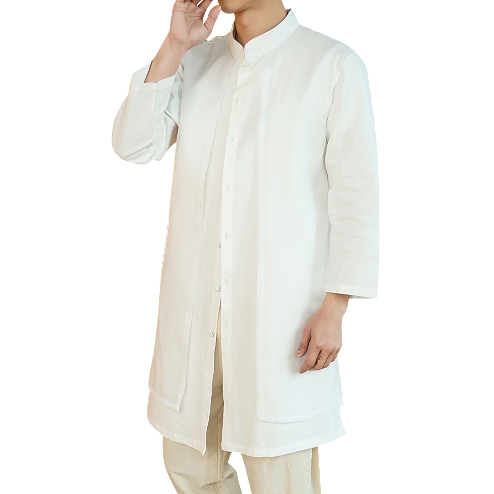 Vintage Collar Cotton And Linen Cape Jacket Men'S Tang Suit Plate Buckle Casual Social dress shirt Oversized Casual Shirt