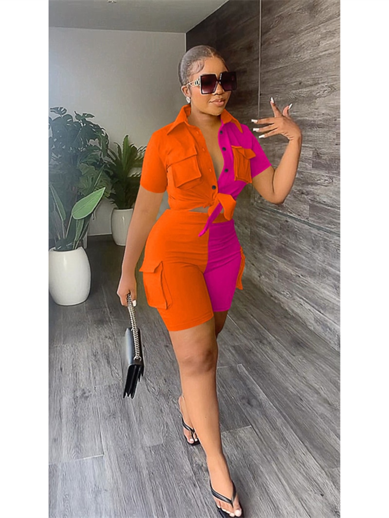 Vintage Shorts Sets Women Two 2 Piece Set Outfits 2023 Summer INS Clothes Pocket Patchwork Shirt Top and Shorts Suits Woman Sets