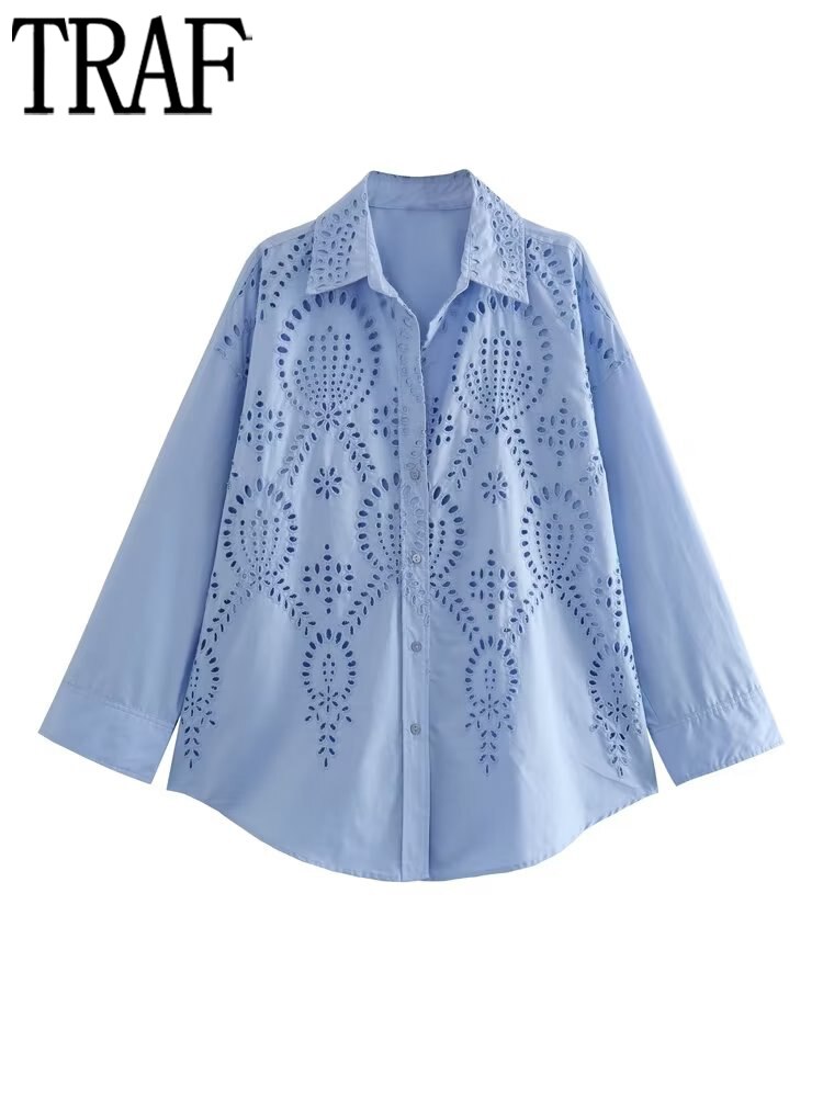 TRAF Blue Embroidery Shirt Women Oversize Button Up Shirt Woman Summer Long Shirts for Women Long Sleeve Blouses Women Casual